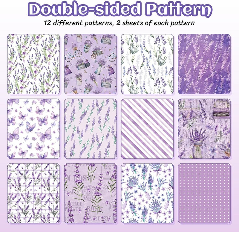 Feivando 24 Sheets Lavender Scrapbook Paper 12'' × 12'' Double-Sided Purple Flower Butterfly Pattern Paper Floral Decorative Decoupage Cardstock for DIY Card Craft Making Scrapbook Supplies - Image 3